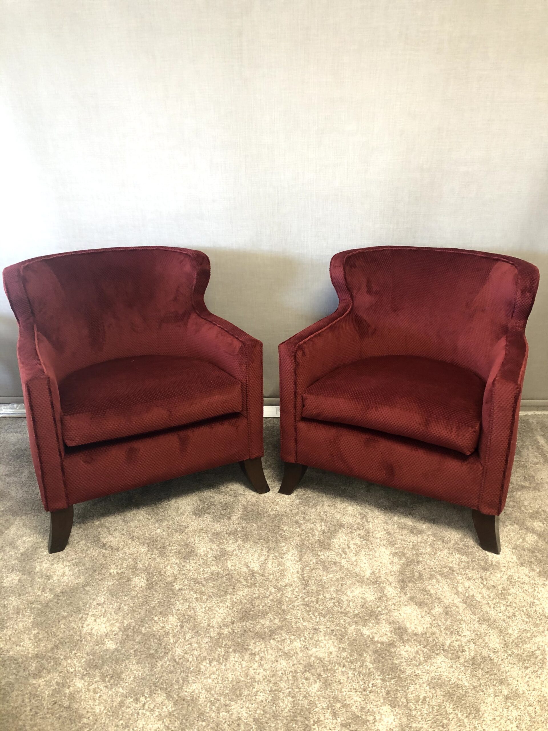 Newly reupholstered, soft dark, red chenille.